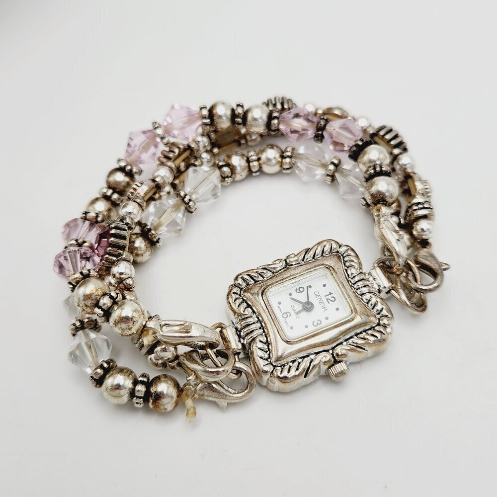 Geneva Silver Tone Multi Strand Faceted Beaded Trio Stretch Bracelet Watch